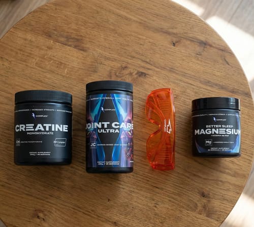 Customer's tub of Complex Joint Care Ultra displayed with other supplements on a wooden table.