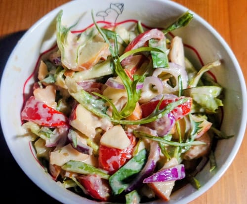 Ein Kunde zeigt einen zubereiteten Salat aus Bio Puntarella mit roten Zwiebeln und Äpfeln in einer Schüssel.