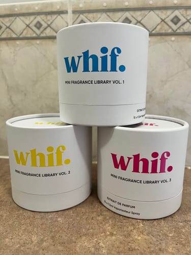 Customer's collection of Whif Mini Fragrance Library volumes 1, 2, and 3 in their white, cylindrical packaging.