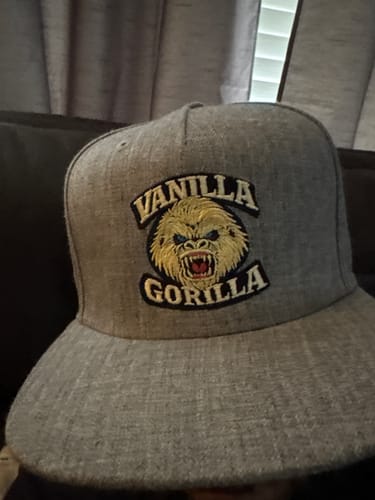 Customer's grey Big Flat Bill Structured Wool Hat with an embroidered patch of a roaring gorilla.