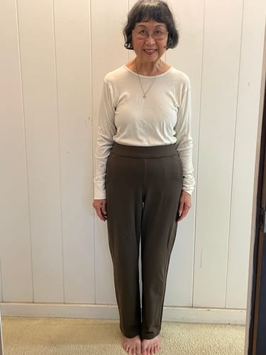 Customer wearing the Emerson Straight Leg Pants Petite in Bracken, showing the full-length fit.
