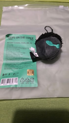 Reviewer's black, plush J-Hope Acorn Charm shown next to its green packaging.