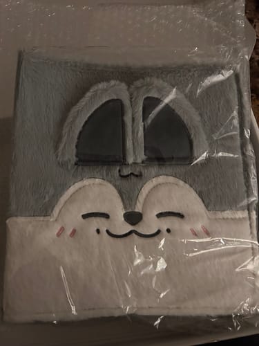 Customer's fluffy grey Wolf Chan Plush Binder shown in its clear plastic packaging.