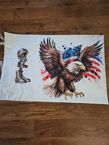 Reviewer's Eagle American Flag Fabric Panel showing a vibrant design of an eagle, flag, and a battlefield cross.