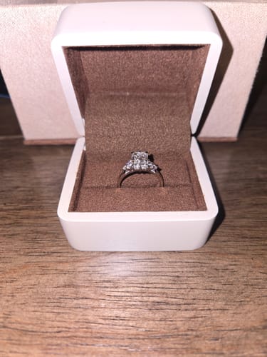 Customer photo review of 2 Carat Radiant Cut Lab Grown Diamond Vintage Ring in Platinum with 2 mm band (2-extra prongs)