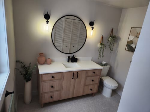 Customer photo review of Cape Breton 60" White Oak Bathroom Vanity
