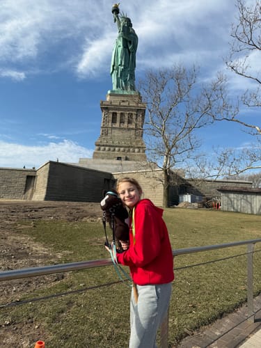 Reviewer holding a brown hobby horse while posing in front of the Statue of Liberty.