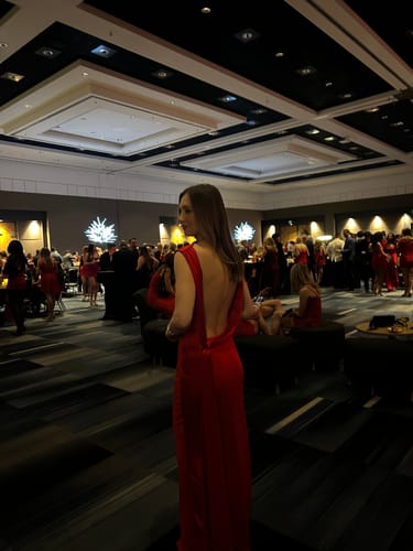 Customer photo review of Callie Satin Gown in Red by Sau Lee - RENTAL