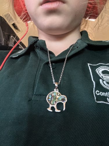 Customer photo review of Silver and Paua Shell Filigree Kiwi Necklace