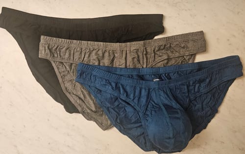 Reviewer's three pairs of Modal bikini briefs in blue, gray, and black.