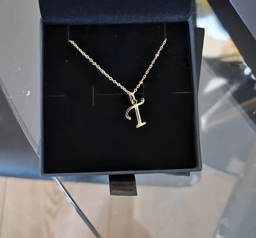 Customer photo review of T Script Initial Necklace Gold