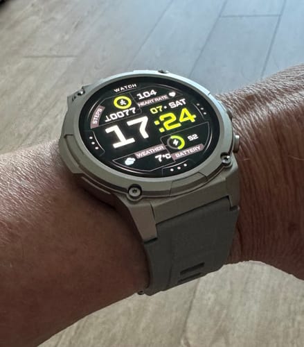 Customer's Gard Pro Ultra 3 smartwatch on their wrist, showing a digital face with various health metrics.