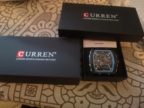 Customer photo review of CURREN Tonneau Dial Sport Watch for Men Fashion Waterproof Quartz Wristwatch with Auto Date Yellow Silicone Strap Luminous