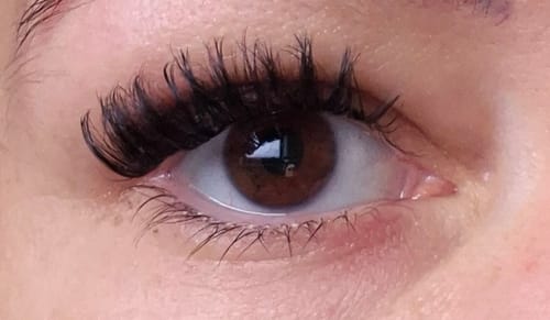 Nahaufnahme des Auges einer Kundin, das die vollen, dunklen Wimpern aus dem AYLASHES Bundle Builder zeigt.