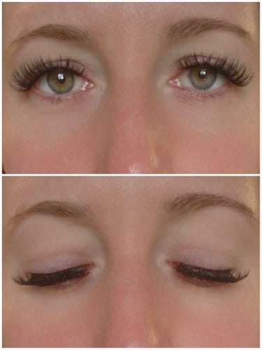 Kundin zeigt in einer Nahaufnahme die langen Wimpern des Cloud Starter Kits, sowohl bei offenen als auch bei geschlossenen Augen.