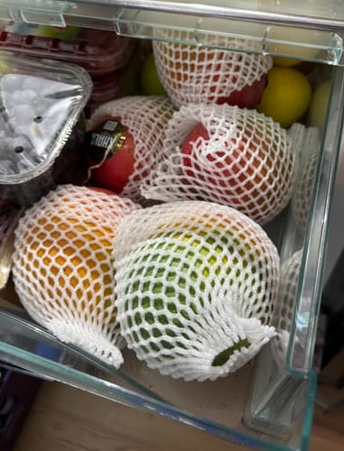 Rezensent zeigt bunte Kent Mangos in Schutznetzen, die in einer Kühlschrank-Schublade gelagert werden.