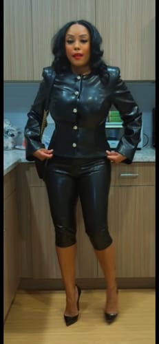 Reviewer standing in a kitchen wearing the black Vegan Leather Capri Leggings with the matching jacket.
