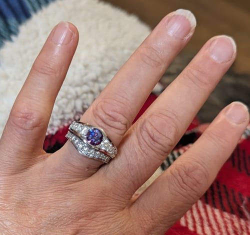 Customer photo review of Bezel Colored Moissanite Channel Euro Shank Pave Engagement Ring