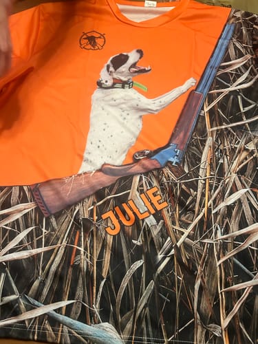 Customer photo review of Personalized hunting dogs Shirts for Hunters Custom Dog's image and Names Shirts - FSD3822