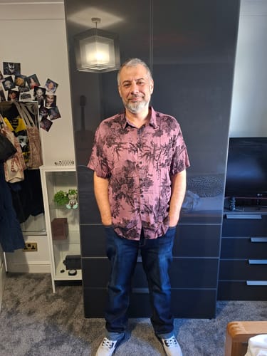 Customer photo review of Men's Bamboo Floral Cool Summer Hawaiian Rayon Pink Button Up Short Sleeve Shirt