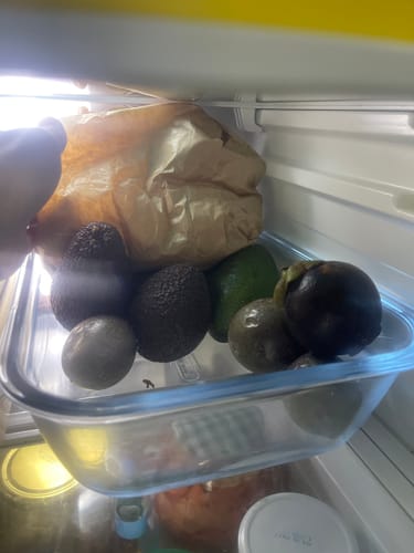 Kundenfoto der restlichen Früchte aus der Zitrus-Mix Box, die in einer Glasschale im Kühlschrank aufbewahrt werden.