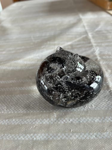 Customer's black and clear Sleeping Glass Cat memorial with visible ashes, resting on a textured tablecloth.