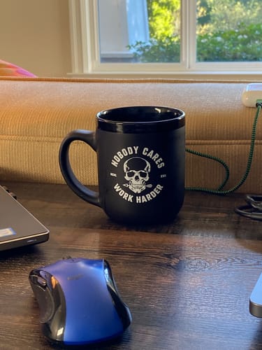 Customer photo review of NOBODY CARES SKULL MUG