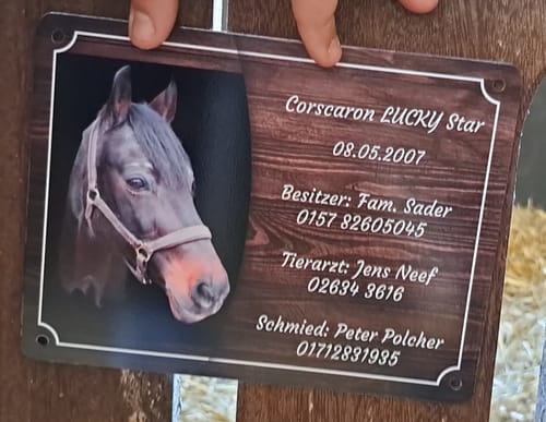 Customer photo review of Pferde Boxenschild mit Foto & Wunschtext (UV- und wetterfest)
