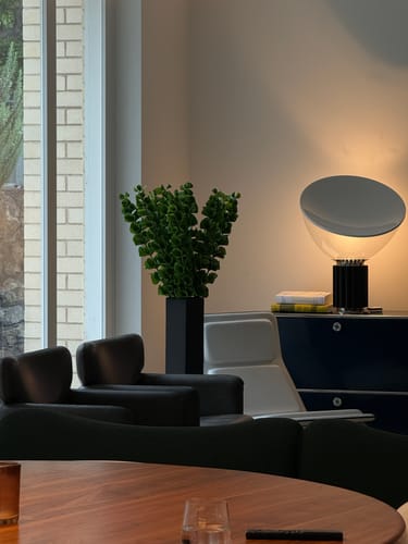 Customer's Bells of Ireland stems in a tall, black vase inside a living room.