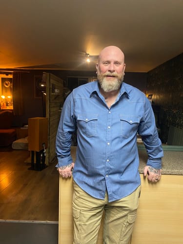 Customer photo review of Men’s Cowboy Denim Pearl Snap Long Sleeve Shirt