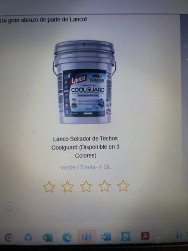 Revisor muestra la página del producto Lanco Sellador de Techos Coolguard en una pantalla con estrellas de calificación vacías.