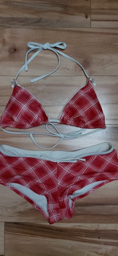 Customer photo review of Red Vintage Plaid Lace Bowknot Halter Triangle Bikini Top