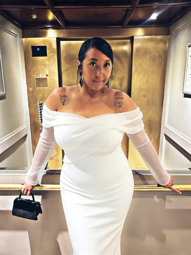 Customer photo review of Mermaid Satin Ruched Long Sleeve Off The Shoulder Wedding Dress