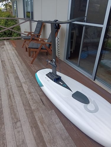Customer's Foil Drive GEN2 MAX kit assembled on a white foil board on a wooden deck.
