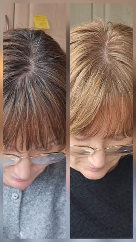 Reviewer shows before-and-after hair results from the Sunkissed Starter Kit, lightening dark roots to a golden blonde.