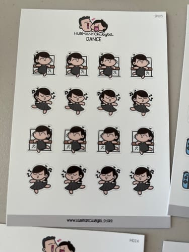 Customer's sheet of cute Dance Planner Stickers showing a cartoon character in two different dance poses.