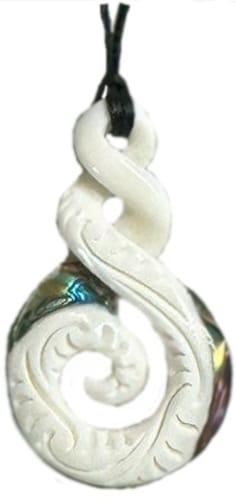 Customer photo review of Maori Bone Double Twist Necklace with Carving and Paua Trim
