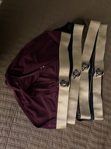 Reviewer's 4-pack of Nylon Mesh Bikini Briefs, with one wineberry pair unfolded and the rest folded to show the waistband.