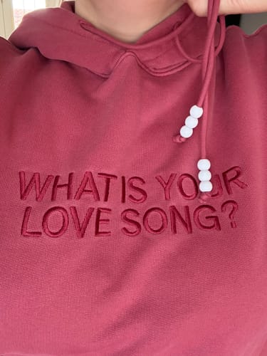 Customer shows a close-up of their red BTS Arirang Hoodie, highlighting the embroidered text and beaded drawstrings.