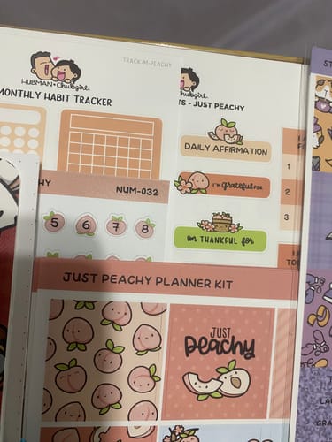 Close-up of a customer's Just Peachy Planner Kit sticker sheets, showing cute peach-themed habit trackers and affirmation stickers.
