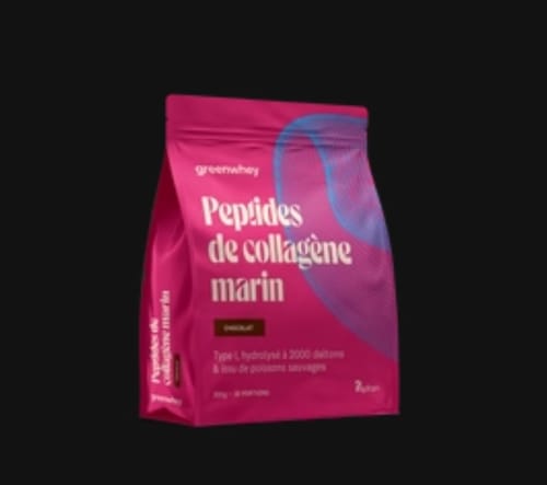 Sachet rose de Peptides de collagène marin saveur chocolat pris en photo par un client.