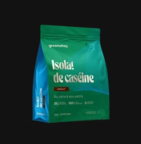 Avis d'un client sur le sachet vert et bleu d'Isolat de Caséine, saveur chocolat.