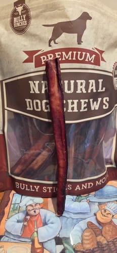 A customer holds up a single 12 Inch Thick Bully Stick in front of the product's packaging.