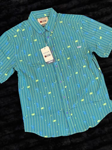 Reviewer's "A Bug's Life" seersucker shirt laid flat. The green striped shirt features character prints and has its tag attached.