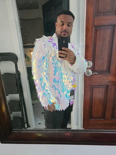 Customer photo review of Men's One-Button Geometric Sequin Light Blue Tuxedo