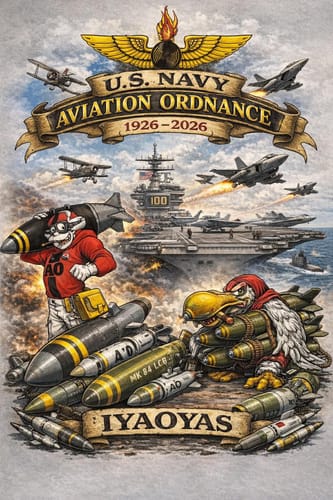 Customer's T.V.P. t-shirt with a detailed U.S. Navy Aviation Ordnance graphic featuring the acronym IYAOYAS.