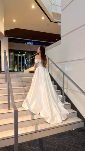 Customer photo review of Lace Detachable Trian Satin Off The Shoulder Wedding Dress
