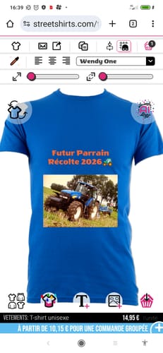 Reviewer's custom blue unisex t-shirt with a tractor photo and text 'Futur Parrain Récolte 2026'.