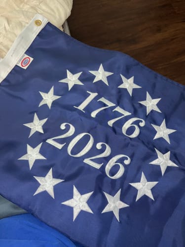 Customer photo showing the blue canton of the 1776 to 2026 Betsy Ross Flag with its embroidered stars.