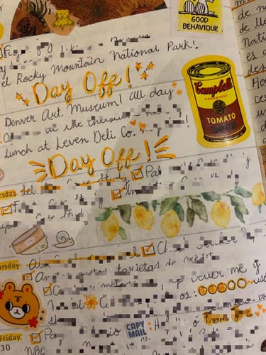 Reviewer's planner page featuring the decorative lemon die-cut masking tape used as a divider among handwritten notes.